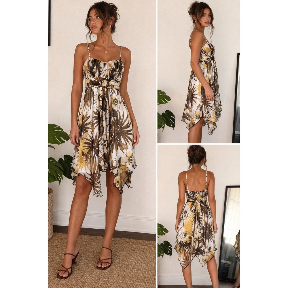 Y2K Speechless Brown Yellow Chiffon Dress Handkerchief Hem Ring Buckle XS